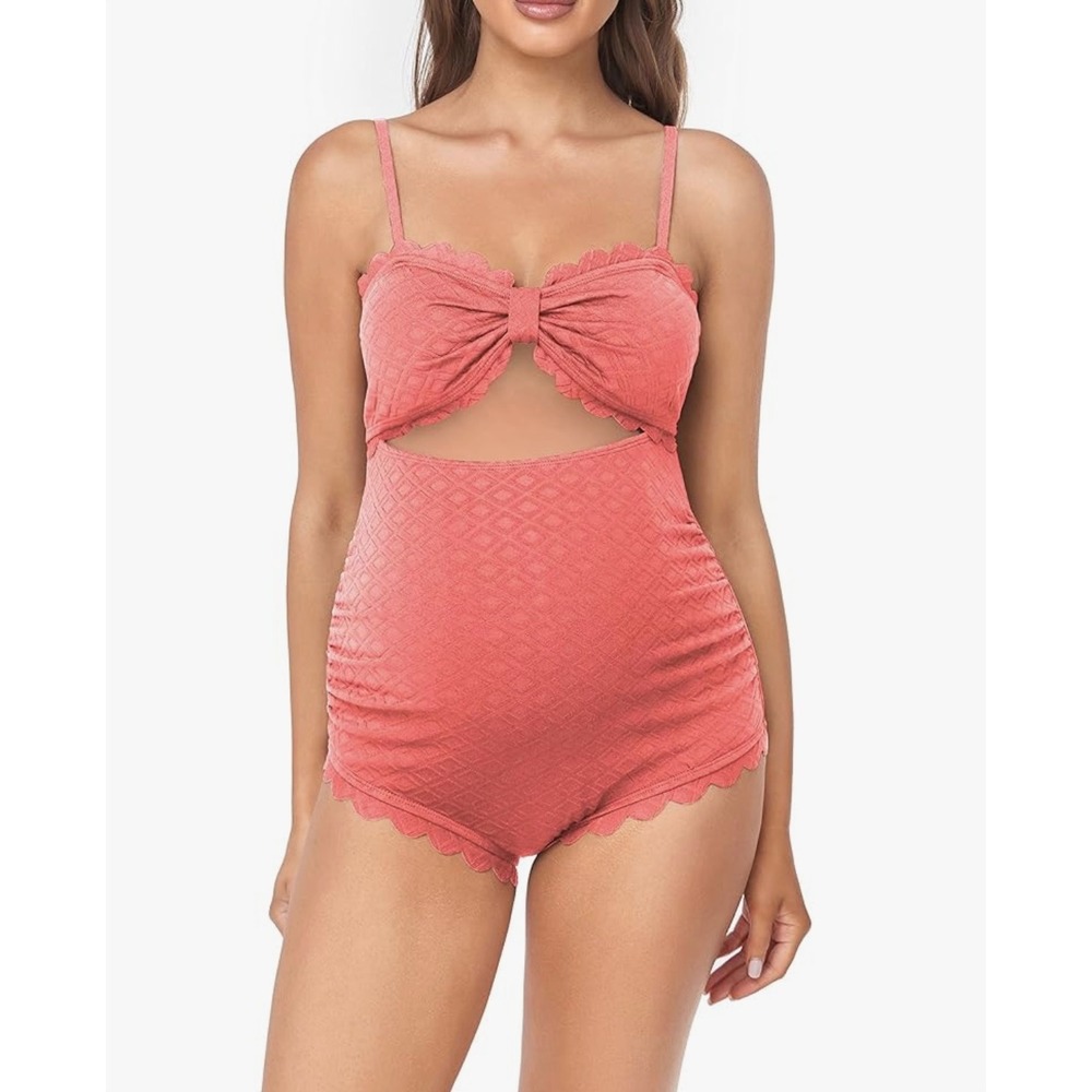 NEW East Elegant Maternity Small Swimsuit‎ One Piece Bow Cutout Coral Swimwear - Picture 3 of 10